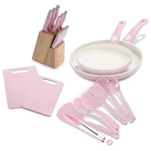 GreenLife 2 Cutting Boards, 7" and 10" Frying Pan Set, 13-Piece Wood Knife Block Set, 7-Piece Nylon Utensil Spatulas Spoons & Tongs Set, Healthy Ceramic Nonstick, PFAS & PFOA-Free, Soft Pink