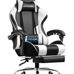 GTPLAYER Gaming Chair, Computer Chair with Footrest and Lumbar Support, Height Adjustable Game Chair with 360°-Swivel Seat and Headrest and for Office or Gaming (White)
