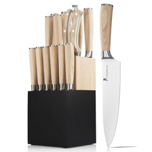 Kangdelun 14 PCS Knife Block Set, Ultra Sharp High Carbon Stainless Steel, Wood Handle