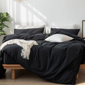 MooMee Bedding Duvet Cover Set 100% Washed Cotton Linen Like Textured Breathable Durable Soft Comfy (Black, Queen)