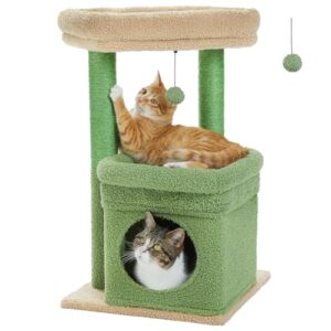 PEQULTI Cat Tree Cactus Cat Tower for Indoor Cats with Private Cozy Cat Condo, Natural Sisal Scratching Posts and Plush Pom-pom for Small Cats Green