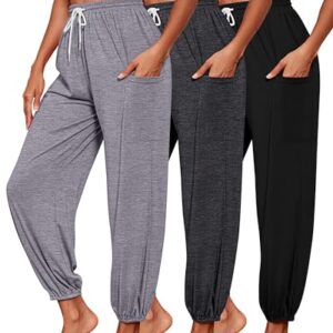 Riyiper 3 Pack Women's Sweatpants, Cozy Yoga Pants with Pockets Casual Harem Lounge Pants Athletic Drawstring Joggers (Black, Light Gray, Dark Gray,Large)