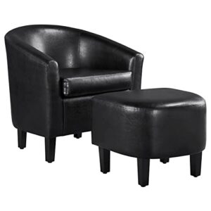 Yaheetech Accent Chair with Ottoman Set, Modern Faux Leather Upholstered Soft Barrel Chair and Footrest, Club Armchair and Footstool for Living Room/Bedroom/Reading Room/Guest Room, Black