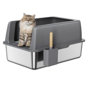 Zarler Stainless Steel Litter Box with Lid, Extra Large Cat Litter Box, XL Large Metal Litter Box for Big Cats with High Sided, Grey (Non-Sticky, Easy to Clean, Anti-Urine Leakage)