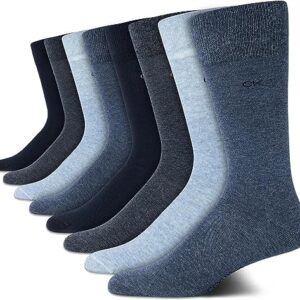 Calvin Klein Men's Dress Socks - Lightweight Cotton Blend Solid Crew Socks (8 Pack), Size 7-12, Blue Multi