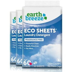 Earth Breeze Laundry Detergent Sheets - 90 Detergent Sheets (3 Pack) - 30 Sheets Per Pack - 180 Loads - Concentrated Liquidless Laundry Soap - No Plastic Jug - Fragrance-Free