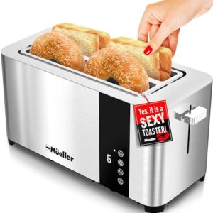 Mueller UltraToast Full Stainless Steel Toaster 4 Slice, Long Extra-Wide Slots with Removable Tray, Cancel/Defrost/Reheat Functions, 6 Browning Levels with LED Display, Kitchen Essentials & Gadgets