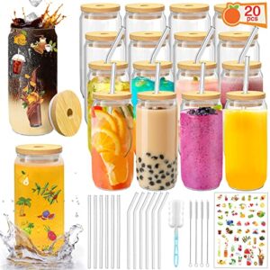 PeacePeo Glass Cups with Lids and Straws 20 Pcs 16 oz Ice Coffee Cup Skinny and Long Can Beer Cups Glass Set Drinking Glasses with Bamboo Lids Reusable Glass Cups Ideal for Smoothies & Beverages