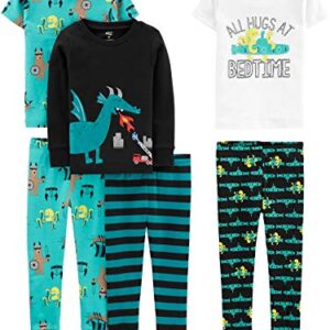 Simple Joys by Carter's Boys' 6-Piece Snug Fit Cotton Pajama Set, Black Dragon/Turquoise Blue Octopus/White/Stripe, 3T