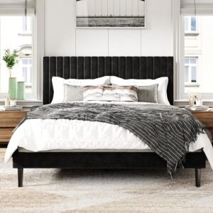 Sismplly Queen Size Bed Frame with Velvet Upholstered Headboard, Platform Bed with Strong Wood Slats, Mattress Foundation, Box Spring Optional, Easy Assembly, Black