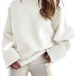 ANRABESS Women's Oversized Crewneck Long Sleeve Fuzzy Knit Casual Chunky Warm 2024 Fall Pullover Sweaters Top Trendy Outfits White Medium