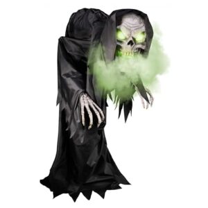Haunted Hill Farm Motion-Activated Hunched Skeleton Reaper by Tekky, Talking Halloween Animatronic for Indoor or Covered Outdoor Creepy Halloween Decorations, Plug-in or Battery Operated Fright Props