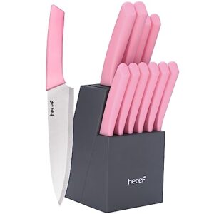 hecef Kitchen Knife Block Set, 12 Pieces Knife Set with Wooden Block & Steak Knives Set, Lightweight and Strong High Carbon Stainless Steel Cutlery Set, Extended Handle Design
