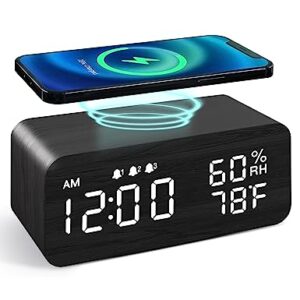 JALL Wooden Digital Alarm Clock with Wireless Charging, Dimmable, Adjustable Volume, 3 Alarms, Weekday/Weekend Mode, Snooze, Digital Clock for Bedroom, Bedside, Office (Black)