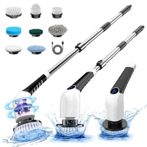 Keimi Electric Spin Scrubber, 2024 New Cordless Voice Prompt Shower Cleaning Brush with 8 Replaceable Brush Heads, 3 Adjustable Speeds, and Adjustable Extension Handle for Bathroom Floor Tile