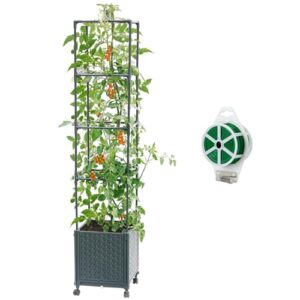 KOBAZ Raised Garden Bed with Tomato Planter Cage, 56.7” Trellis Planter Boxes with Wheels for Outdoor Patio Greenhouse Gardening Climbing Vegetables