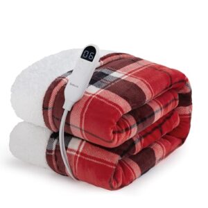 Bedsure Plaid Heated Blanket Twin - Christmas Electric Blanket with Red Plaid Pattern, Flannel Sherpa Heating Blanket as a Gift, with 6 Heating Levels, 10 Time Settings, 8-Hour Auto-Off (62"x84")