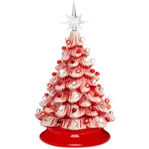 Best Choice Products 15in Ceramic Christmas Tree, Pre-lit Hand-Painted Tabletop Holiday Tree, 2 Star Toppers, 64 Lights - Peppermint w/Red and White Bulbs