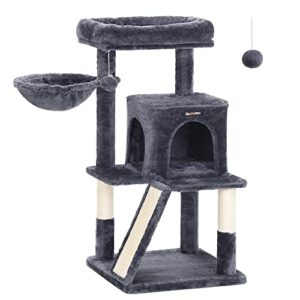 Feandrea Cat Tree, Small Cat Tower with Widened Perch for Large Cats Indoor, Kittens, 37.8-Inch Multi-Level Cat Condo, Scratching Posts and Ramp, 2-Door Cat Cave, Cat Basket, Smoky Gray UPCT51G