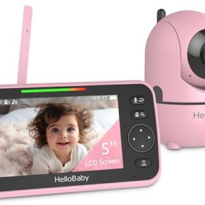 HelloBaby Upgrade Monitor, 5''Sreen with 30-Hour Battery, Pan-Tilt-Zoom Video Baby Monitor with Camera and Audio, Night Vision, VOX, 2-Way Talk, 8 Lullabies, 1000ft Range No WiFi, Ideal Gifts - Pink