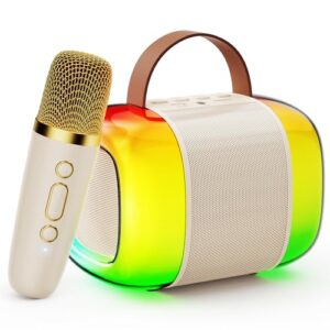 Mini Karaoke Machine for Kids with 1 Wireless Mircophone, Portable Bluetooth 5.3 Karaoke Speaker with Colorful LED Lights, Ideal Gifts for Girls Boys (Beige-1MIC)