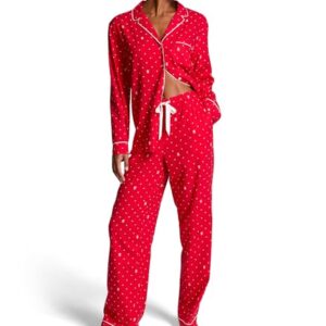 Victoria's Secret Flannel Pajama Set, Long Sleeve Button Down & Pants Set, Sleepwear for Women, Lipstick Logo Dots (LARGE)