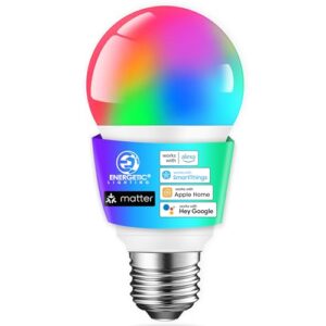 Energetic Light Bulbs Work with Alexa/Apple Home/Google Home/SmartThings, Matter Smart A19 LED Light Bulb, E26 RGB Smart Bulbs, 60W Equivalent, 800LM, 2.4 Ghz WiFi Only, Smart Speaker Required, 1 Pack