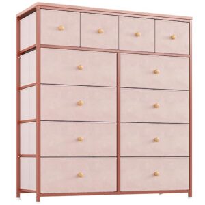 EnHomee Pink Dresser for Girls Bedroom with 12 Drawers, Dresser for Bedroom with Sturdy Metal Frame and Wooden Top, Fabric Bedroom Dressers & Chests of Drawers for Bedroom, Nursery, Closet, Pink