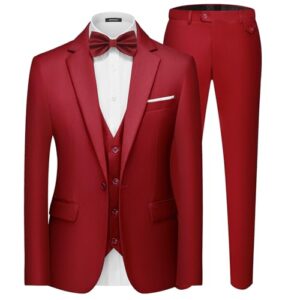 MAGE MALE Men's 3 Pieces Suit Elegant Solid One Button Slim Fit Single Breasted Party Blazer Vest Pants Set. Red