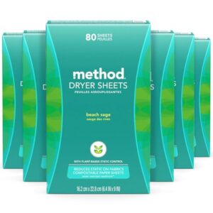 Method Dryer Sheets, Beach Sage, Fabric Softener and Static Reducer, Compostable and Plant-Based Laundry Essentials, 80 Count (Pack of 6)