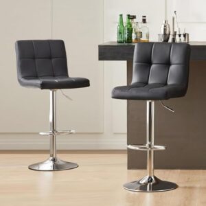 Sweetcripy Bar Stools Set of 2, Armless Adjustable Swivel Barstools, PU Leather Hydraulic Kitchen Counter Height Bar Stools, Thickened Seat Cushion Square Island Barstools with Back, Black