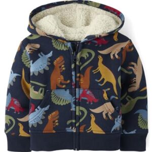 The Children's Place Baby Boys' and Toddler Long Sleeve, Sherpa Lined, Zip-Front Hoodie Sweatshirt, Blue Dino