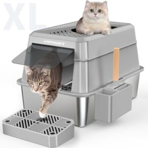 URPOWER Stainless Steel Cat Litter Box with Lid Extra Large Enclosed Litter Box for Cat Non-Sticky Metal Litter Pan High Sided Kitty Litter Box with Scoop，Front & Top Entry, Anti-Leakage，Easy Cleaning