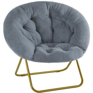 Sweetcrispy Cozy Saucer Chairs Faux Fur Living Room Reading Lounge Furniture Folding Comfy with Soft Thick Padded Seat Metal Frame Modern Style for Bedroom Home Adults, X-Large, Grey