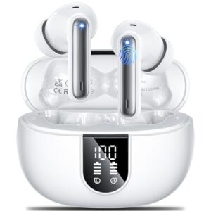 Wireless Earbuds Headphones Bluetooth 5.3 with 4 ENC Noise Cancelling Mics,Hi-Fi Stereo in Ear Ear Buds with LED Screen,IPX6 Waterproof,42h Duration Playback for iPhone and Android white earphones