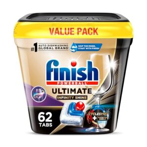 Finish Ultimate Infinity Shine Dishwasher Pods, No Pre-Rinse Dishwasher Detergent Soap Removes Burnt-On Stain, with Protector Shield & CycleSync Technology, Degreasing & Scrubbing Power, 62 Count