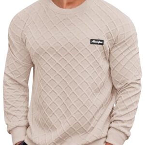Mainfini Sweatshirt for Men Geometric Texture Crewneck Solid Color Long Sleeve Casual Fall Pullover Khaki XXL