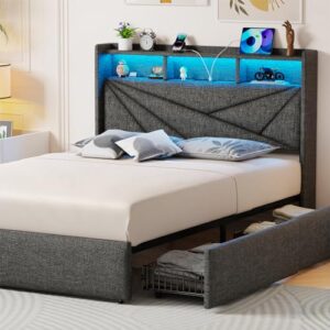 Driftalia Queen Bed Frame with 4 Storage Drawers, Upholstered Bed Frame Queen Size with LED Lights Headboard and Charging Station, No Box Spring Needed, Easy Assembly - Dark Grey