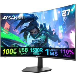 SANSUI Curved Monitor 27 inch 100Hz USB Type-C Computer Monitor with Speakers Built in丨FHD 1080p丨HDR丨110% sRGB丨1500R丨VESA Compatible,for Tablet,Desktop,Laptop and PC Work Gaming (ES-27C1)