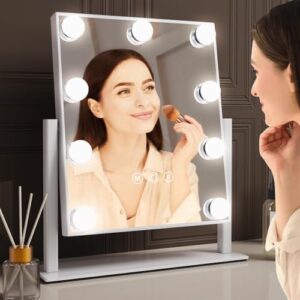 VoxZypher Hollywood Vanity Makeup Mirror with Lights - 9 LED Bulbs, Touch Control, 3 Colors Light, 360° Rotation, Light Up Vanity Mirror for Dressing Room & Bedroom