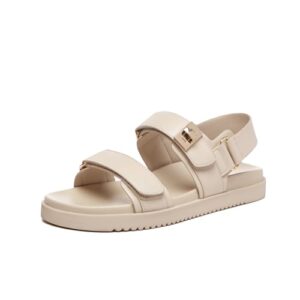 Rihero Women's Flat Sandals Comfort Adjustable Velcro Double Strap Slip on Leather Footbed Nude Sandals with Back Strap Size 8