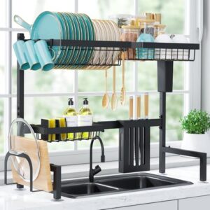 Sakugi Dish Drying Rack - Large Over The Sink Dish Drainer Drying Rack (30.0" to 33.9" W), Large Capacity Stainless Steel Dish Rack, Multifunctional Kitchen Organizers and Storage Rack, Black