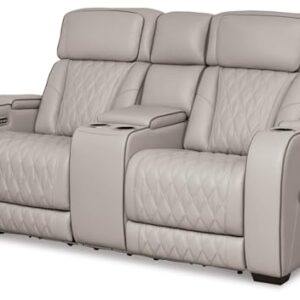 Signature Design by Ashley Boyington Contemporary Leather Match Power Reclining Loveseat with Console and USB Charging Ports, LED Lights and Adjustable Headrest, Light Gray