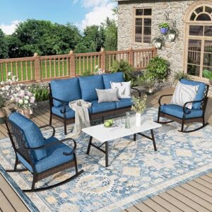 MIXPATIO Patio Furniture Set with Coffee Table, Outdoor Conversation Set with 2 x Rocking Chairs, 1 x 3-Seat Sofa for Lawn Garden Backyard, Pacific Blue