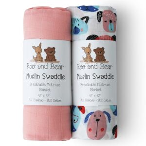 Muslin Swaddle Blankets for Newborn Baby, Buttery Soft and Breathable Receiving Blanket Bamboo Rayon and Cotton Blend, Large Size 47 x 47 Inch, 2 Pack of Pink and Cute Dogs