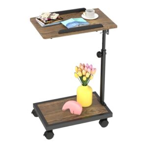 NATFAIRY C Shaped End Table with Rolling Wheels, Height Adjustable Sofa Side Table for Small Spaces, Tiltable Surface for Tablets or Laptops, Industrial TV Tray Cart for Living Room, Retro Brown