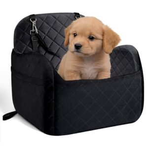 PulseFay Dog Booster Car Seat for Small/Medium Size, Memory Foam Dog Car Seats, Detachable Booster Cushion, Two Side Pockets, Safety Straps, Washable Pet Car Seat (Black)