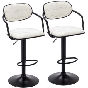 VECELO Bar Stools Set of 2, Adjustable Counter Height Barstools with Back and Arm, Swivel Bar Chairs/PU Leather Kitchen Island Stools for Pub/Dining Room/Living Room, White
